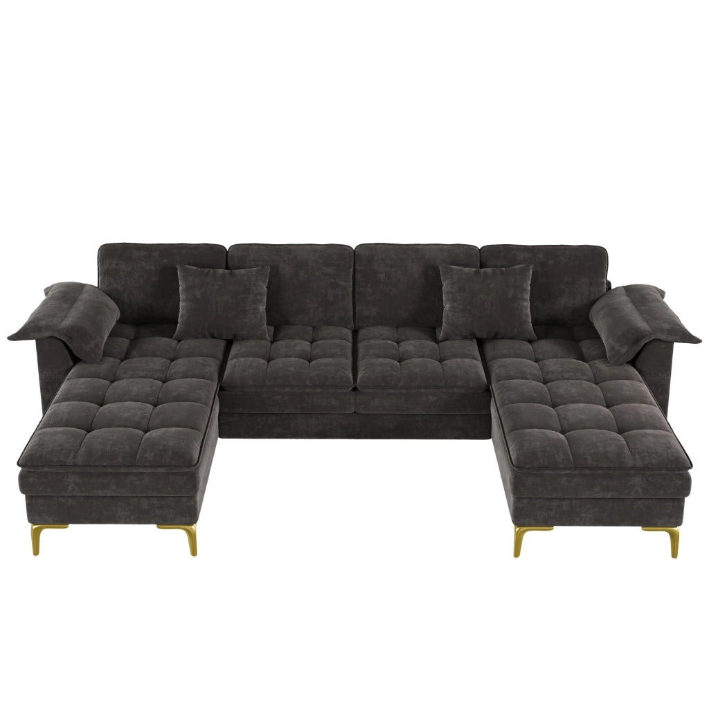 Divano angolare a U modulare 4-5 posti con 2 chaise longue; chenille grigio