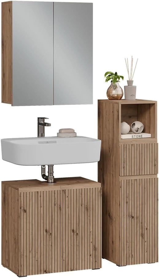 Set di mobili da bagno 3 pezzi Takumi, Artigiano, 60 cm, composto da mobile sottolavabo, specchiera e mobile medio