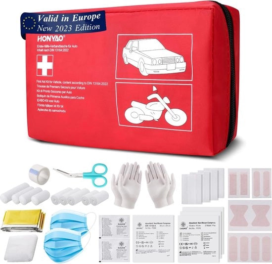 Kit di pronto soccorso per autoveicoli con contenitore di pronto soccorso e giacca di emergenza 

o 

Kit di pronto soccorso per autoveicoli con contenitore di pronto soccorso e giacca di sicurezza