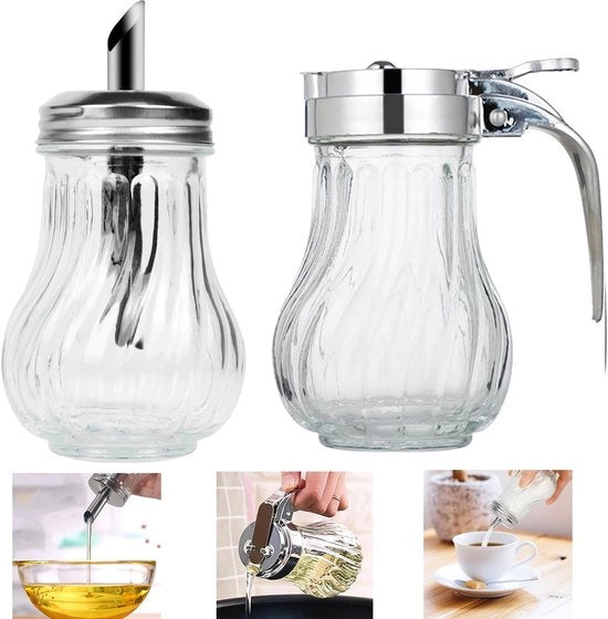 Suikerstrooier 2 in 1 con dispenser per miele, con coperchio in acciaio inossidabile, maniglia, contenitori per zucchero per cucina, bancone, bar e ristorante