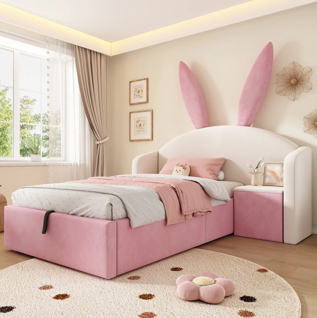 Letto per bambini 90x190 cm in velluto con contenitore e comodino beige e rosa