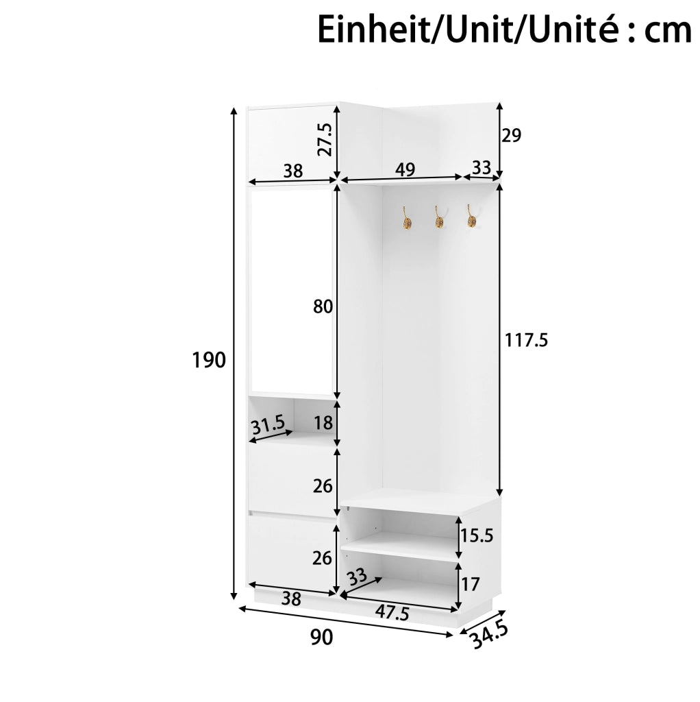 Mobile ingresso 5 in 1 con specchio; panca e scarpiera 90x34;5x190 cm; bianco in MDF