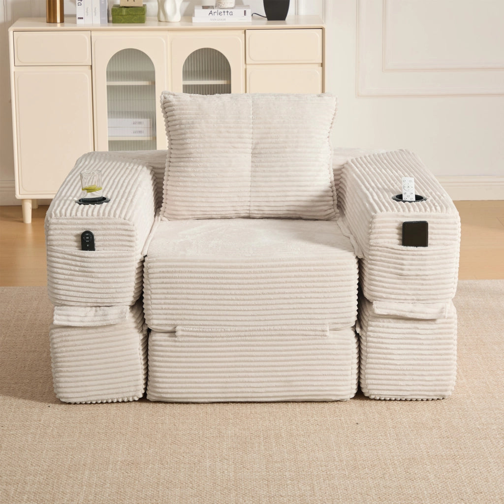 Divano letto modulare con seduta in schiuma e molle, tasche laterali e portabicchieri in velluto a coste beige