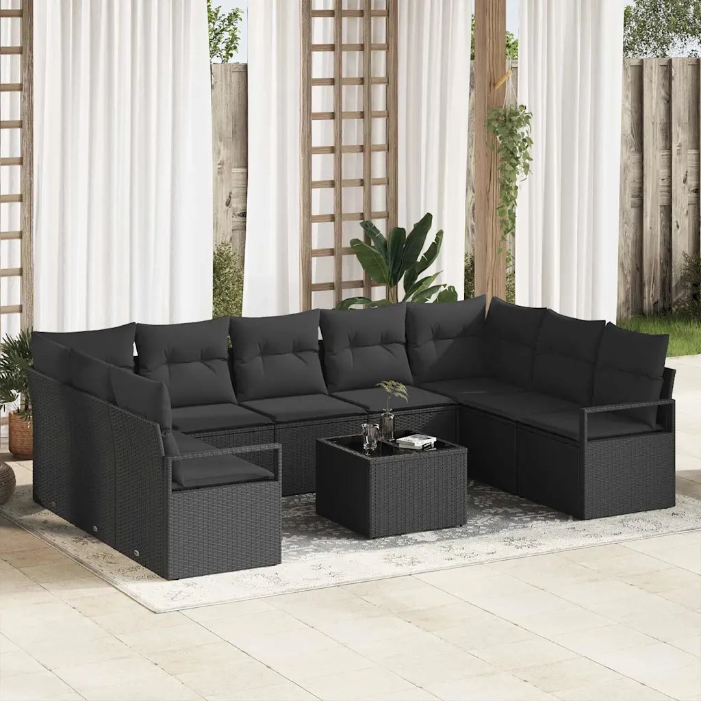 Set Divano da Giardino con cuscino 10 pcs Nero polyrattan
