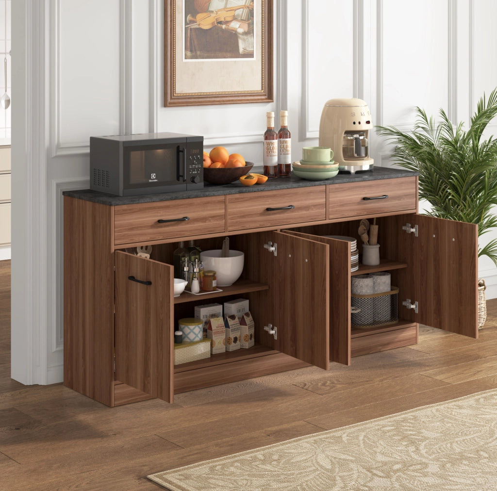 Credenza da cucina con 3 cassetti e ripiani regolabili; MDF colore noce