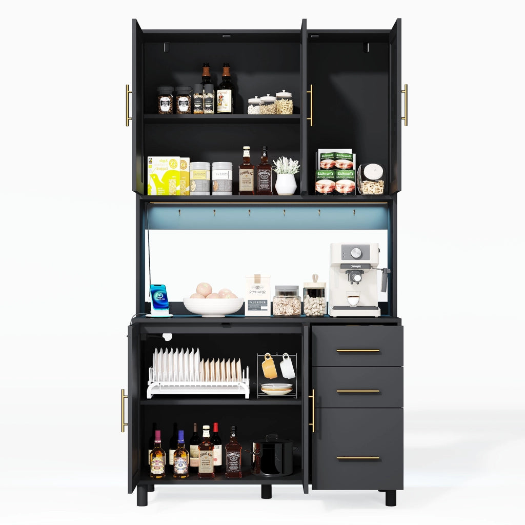 Mobile Dispensa 100x40x183 cm Nero con LED App; 2 Prese; 2 USB; 3 Cassetti e Ante Effetto Rattan