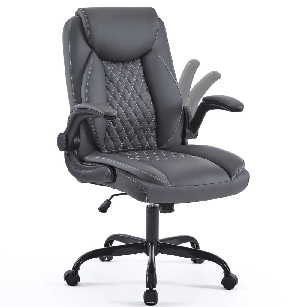Poltrona ufficio ergonomica girevole grigia in pelle con braccioli ribaltabili e supporto lombare