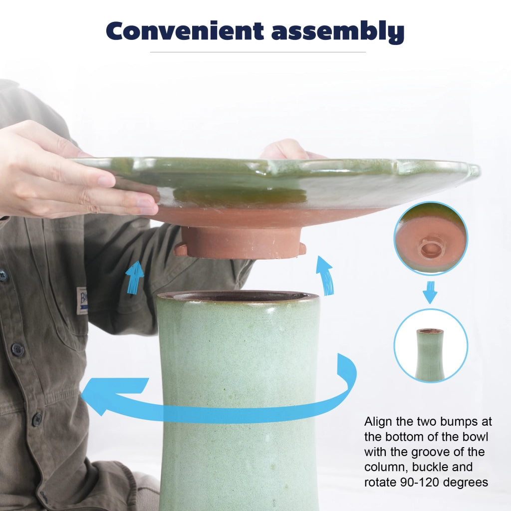 Fontana da giardino in ceramica fatta a mano con vasca ampia e base alta smaltata verde chiaro Ø 43 × 45 cm