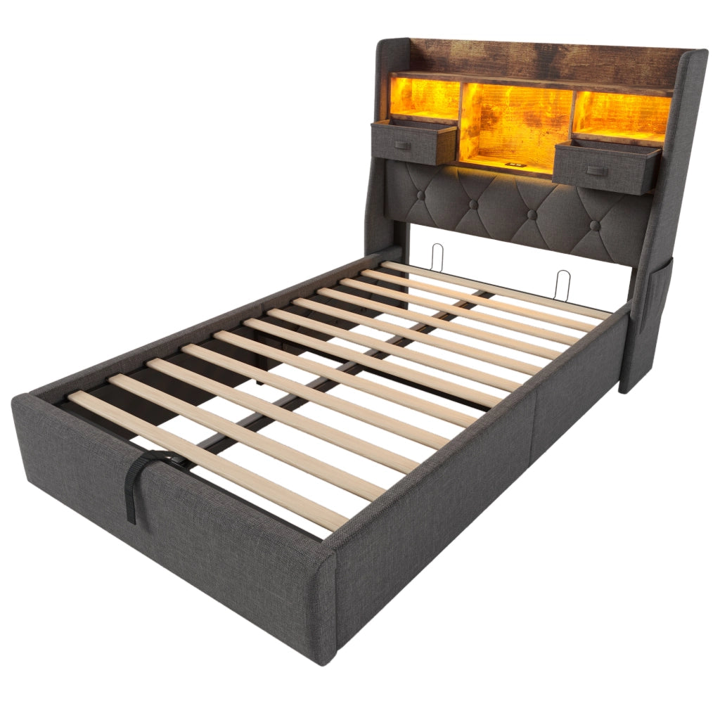 Letto imbottito 90x200 cm con contenitore idraulico, testiera LED e 4 porte di ricarica, grigio