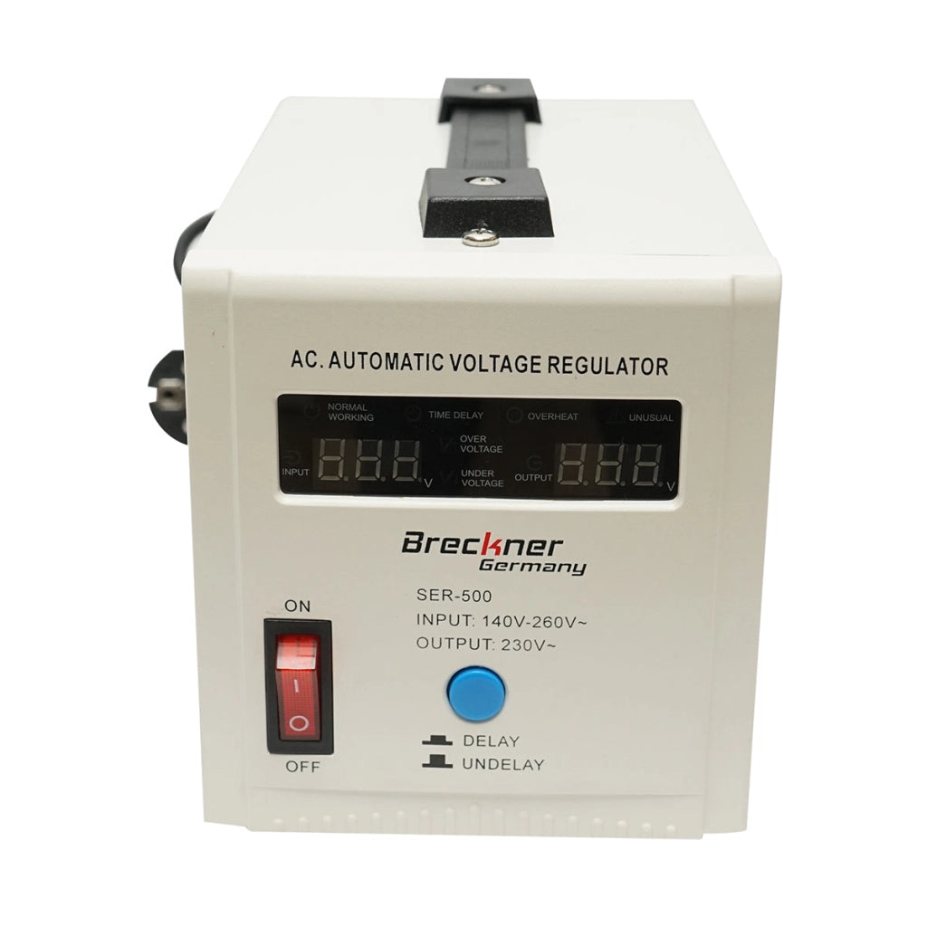 Stabilizzatore di tensione automatico 500VA con relè monofase, 2 prese schuko 230V, display LCD Breckner Germany