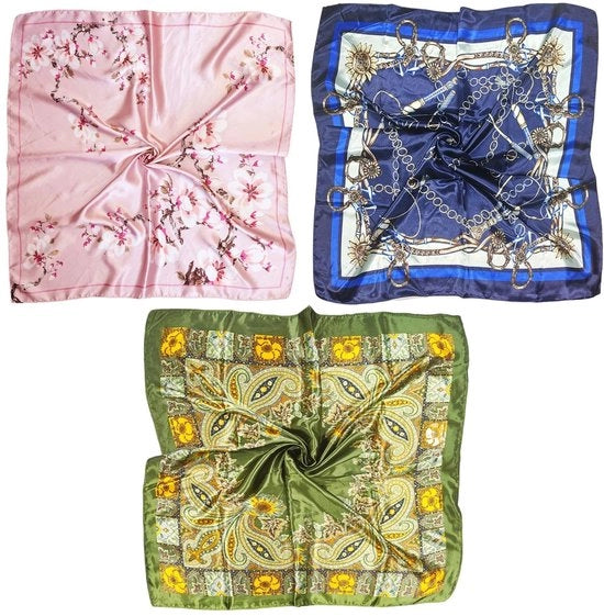 Set di 3 Sciarpe in Satin - Sciarpe in Lino - Sciarpe per Capelli - Bandana - 90cm x 90cm - Respiranti e Leggere - Sciarpa
