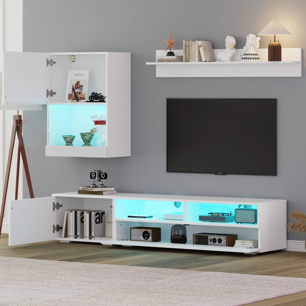 Mobile porta TV set con LED e finitura lucida con 3 ante e 2 vani aperti per soggiorno bianco 175 × 39 × 34 cm