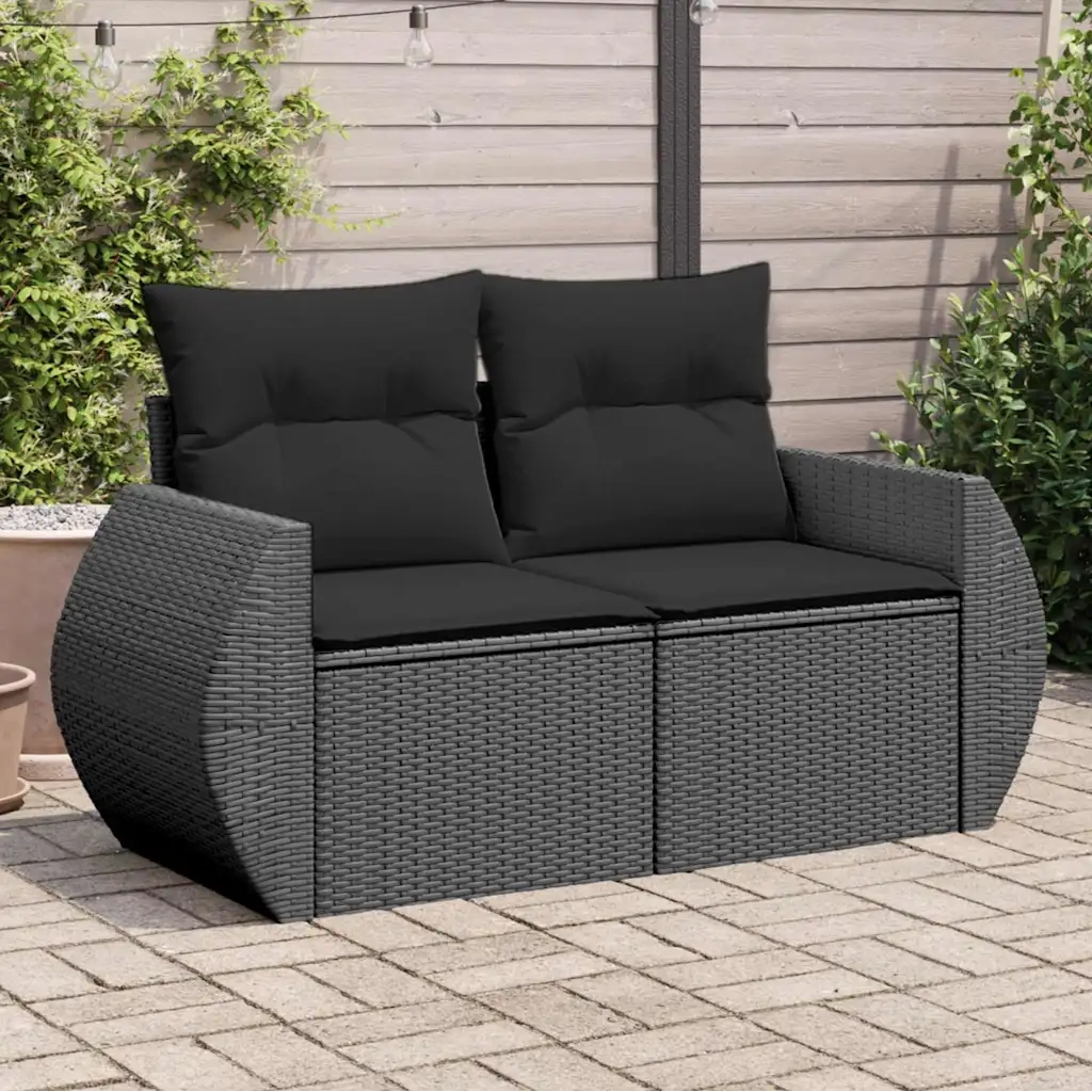 Divano da Giardino con Cuscini a 2 Posti-Sofa da Giardino-Divano da esterno Nero in Polyrattan 147043