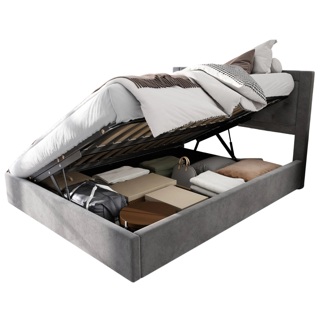 Letto imbottito con contenitore laterale, struttura in acciaio, rivestimento in velluto grigio, 140x200 cm