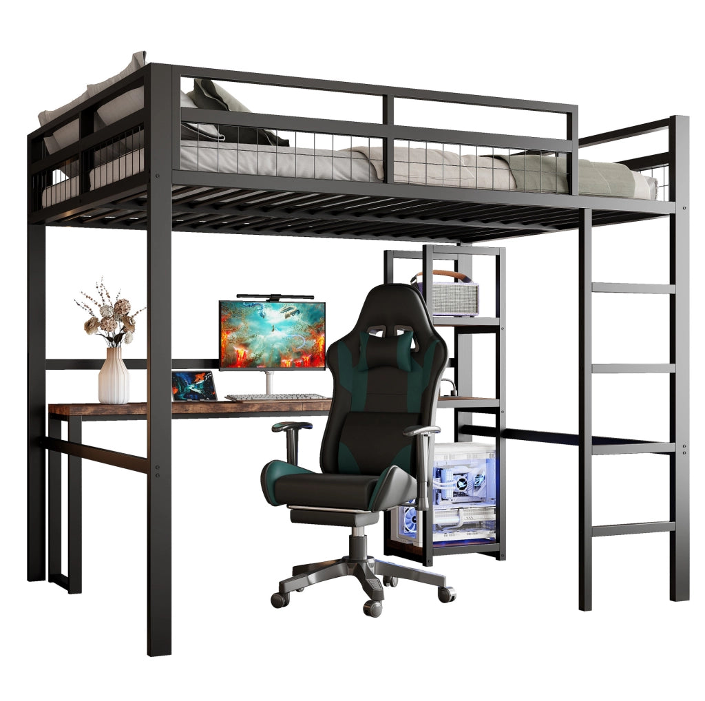 Letto a soppalco 140 x 200 cm in metallo con scrivania, scaffali e prese USB/Type-C