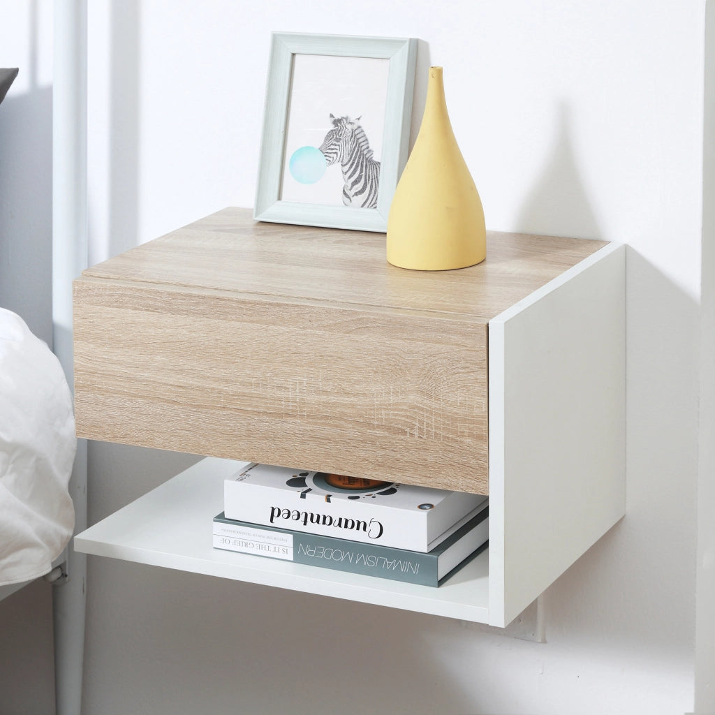 Set 2 Comodini Sospesi a Parete con Cassetto e Mensola Bianco e Rovere