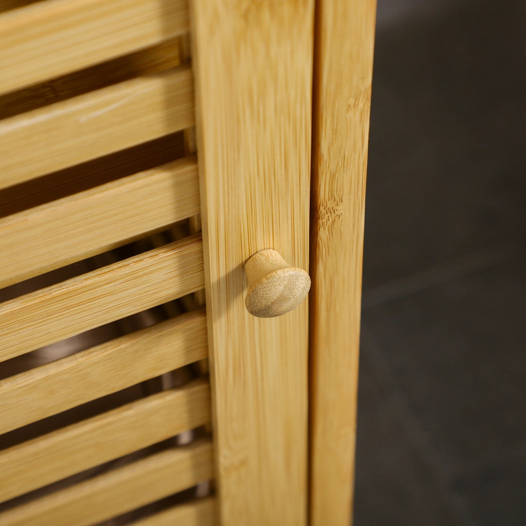 Armadietto da bagno in bambù con 1 anta a lamelle e ripiano regolabile, per bagno, naturale, 30 × 19,9 × 70 cm
