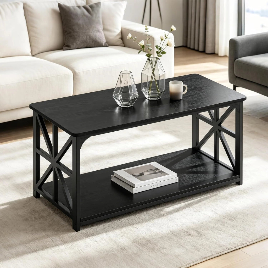 Tavolino Salotto a 2 Ripiani, Tavolino da Caffè 109 X 50 X 48 CM, in Legno e Acciaio, con Barre Rinforzate, Carico 100 KG, Stile Moderno, Montaggio Facile, per Soggiorno (Nero)