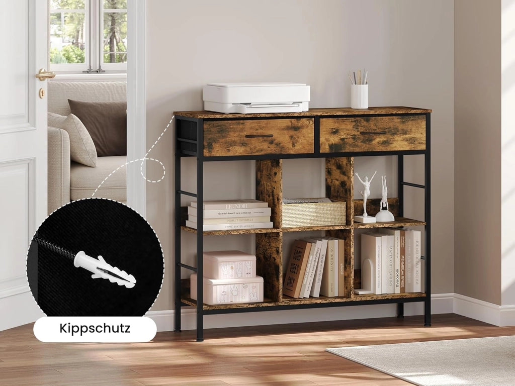 Libreria rustica marrone con 6 ripiani, 2 cassetti, struttura in metallo, autoportante, studio, soggiorno, camera da letto