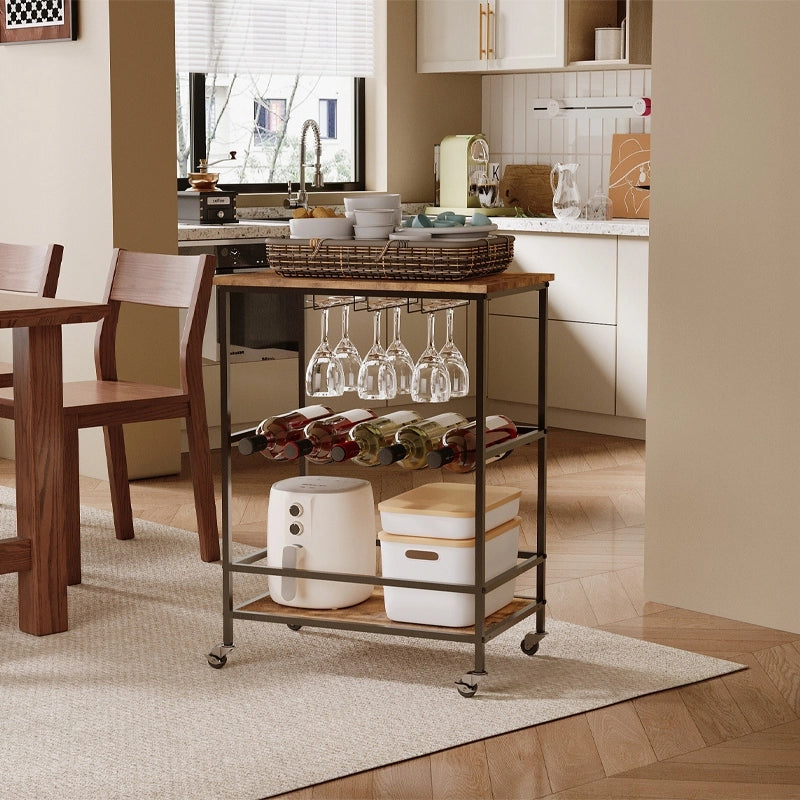Mobiletto su ruote, marrone rustico, tavolo, ripiano, carrello da cucina, stile loft
