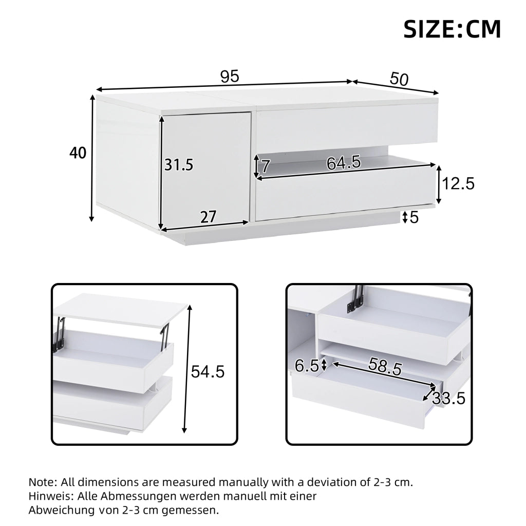 OKWISH Tavolino da Salotto Alzabile con 1 Cassetto e 1 Anta, LED e Vano Nascosto, per Soggiorno, 95 x 50 x 34.5 cm, Bianco