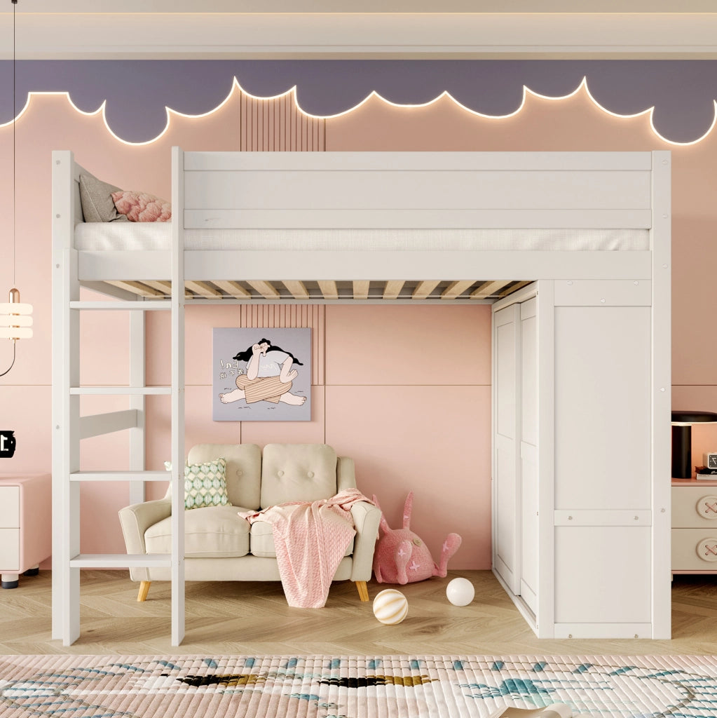 Letto a soppalco 90x200 cm con armadio e vano contenitore in legno e MDF bianco
