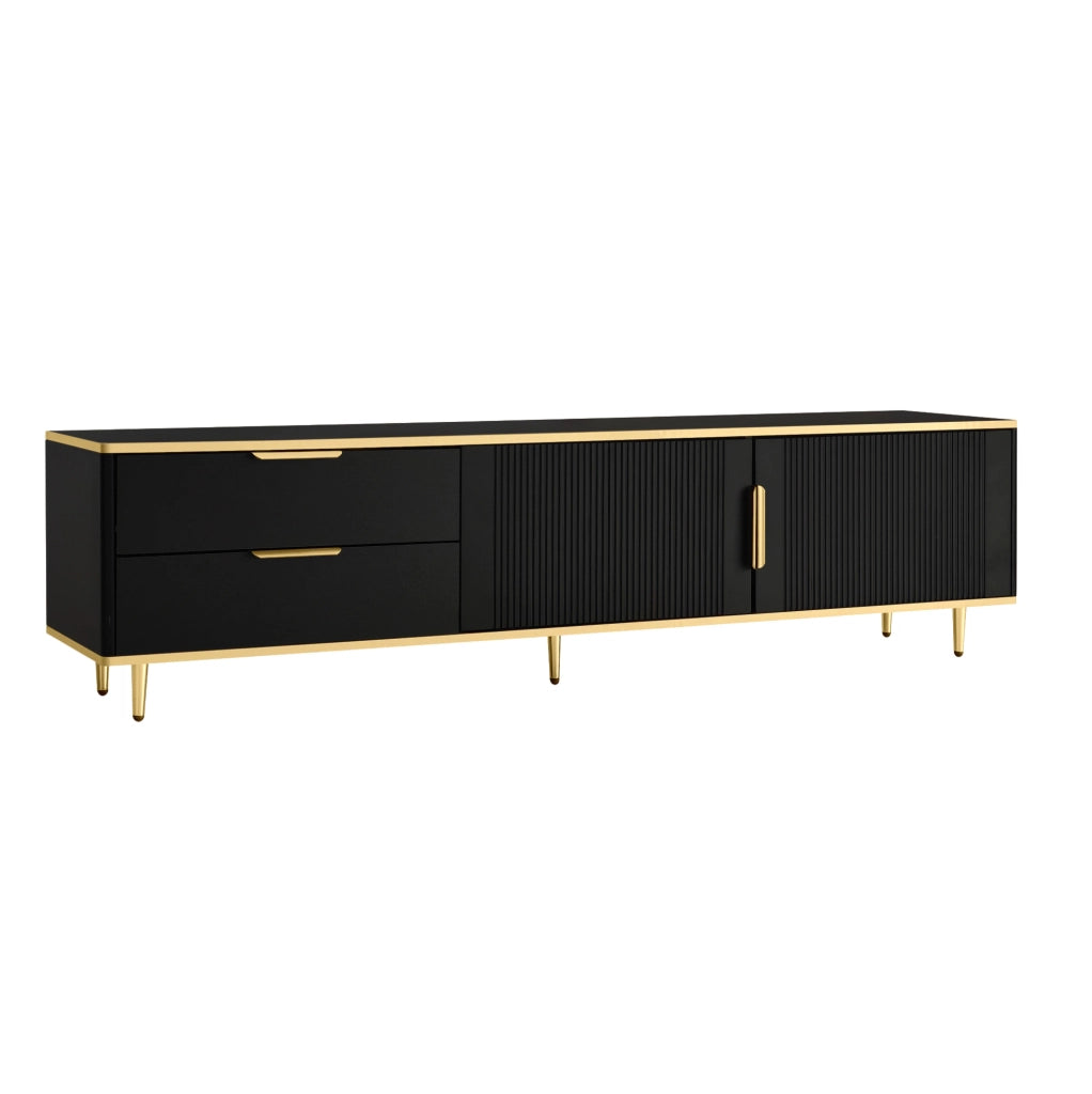 Mobile TV con 2 cassetti e 2 vani; 170x45x37 cm; MDF e pannello truciolare; nero e oro
