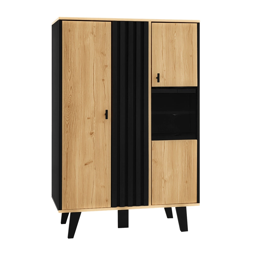 Vetrina 80x120x40 cm con ante in vetro e illuminazione LED in truciolato nero e naturale