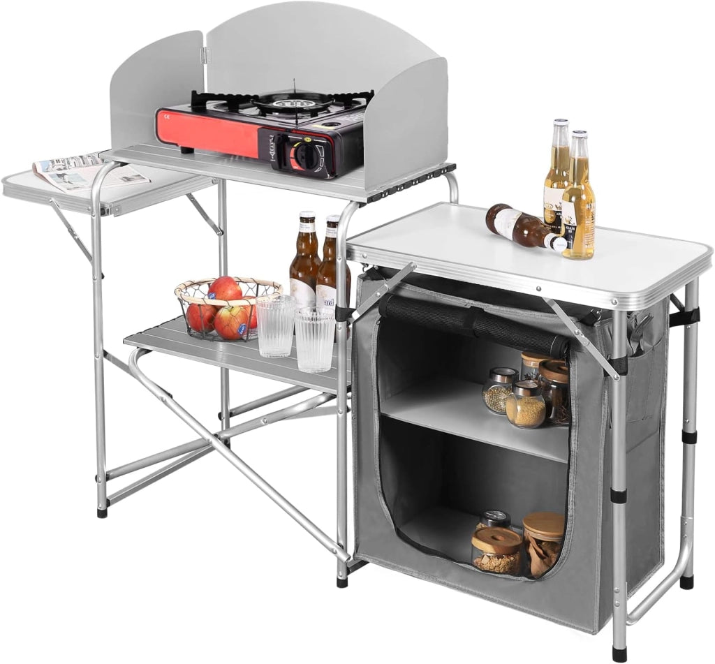 Mobile Cucina da Campeggio Tavolo Pieghevole da Giardino Armadio da Campeggio Tavolo Campeggio Tavoli a Valigetta da Balcone da Cucina in Alluminio e MDF con Sacca di Trasporto