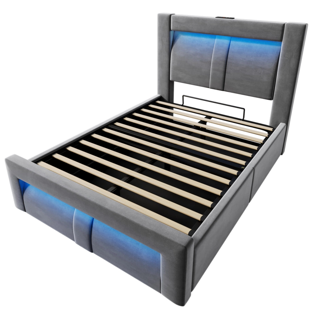 Letto singolo 90x200 cm con contenitore; LED; porte USB e USB C; velluto grigio