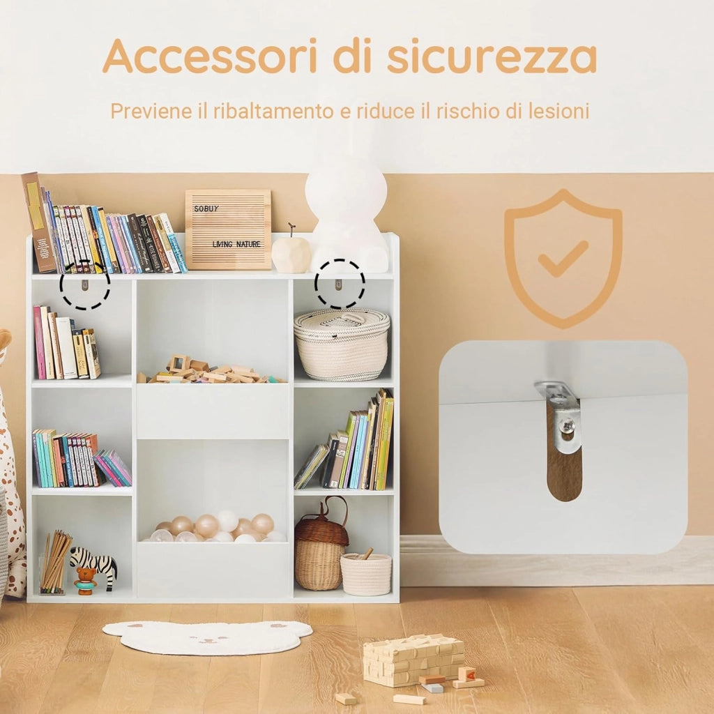 Libreria Montessoriana per Bambini - Scaffale Portagiochi con 8 Scomparti Aperti - Libreria da Terra per Cameretta 106x30x104 cm Bianco KMB55-W