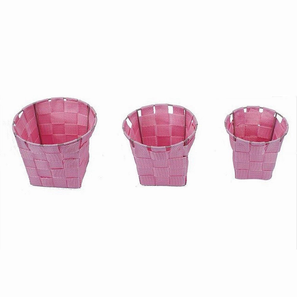 Trade Shop - Set 3pz Cestini Rotondi Portaoggetti In Tessuto Rosa Per Bagno Casa Cucina 79047 -