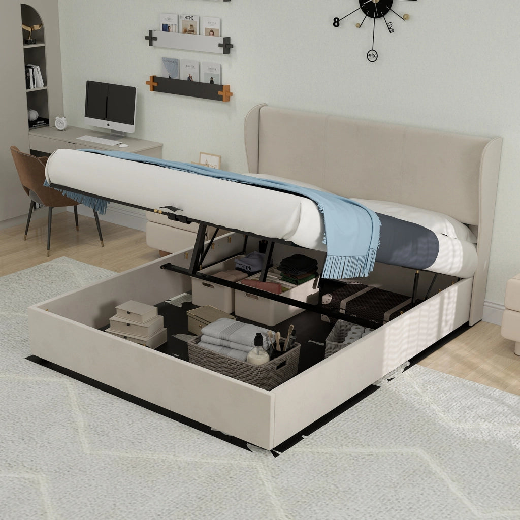 Letto Contenitore Imbottito ¨C MINIMAL ¨C Beige 140x200 con Testiera e Meccanismo Idraulico