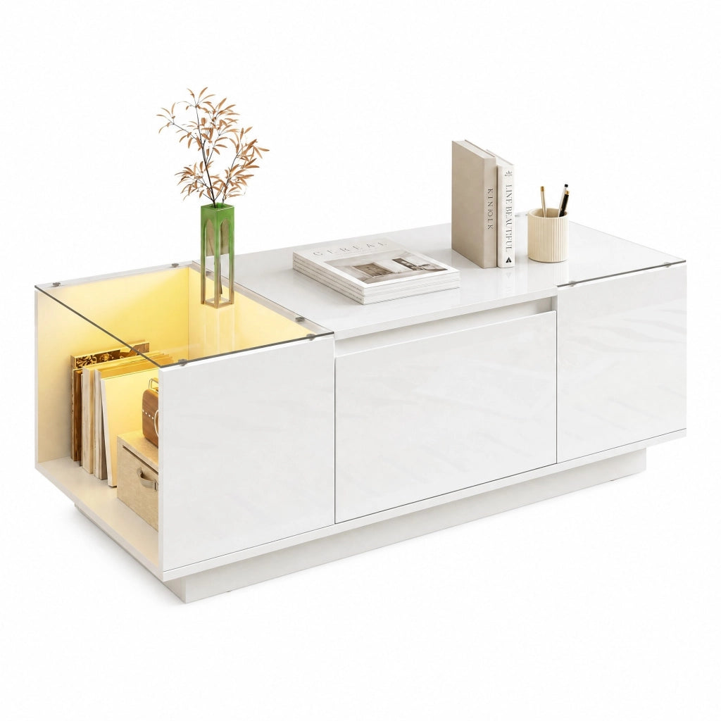 TAVOLINO 105 x 50 x 35 cm Bianco in pannello di truciolare con LED e 2 cassetti