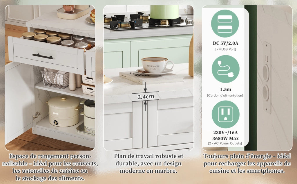 Isola da Cucina con Prese Elettriche e USB ¨C MINIMAL ¨C 120x60x91 cm, Ripiani Regolabili, Metallo