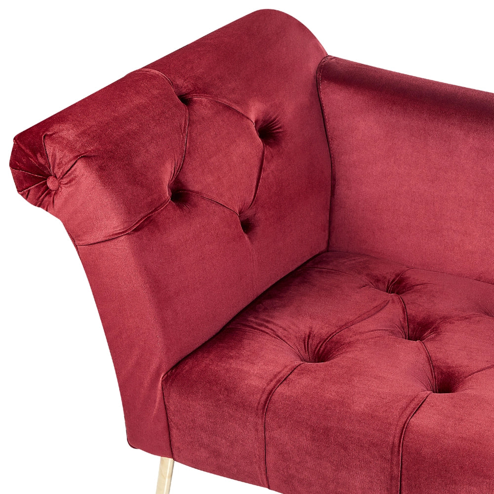 Chaise longue con tappezzeria in velluto rosso scuro Seduta capitonné a doppia estremità con gambe in metallo dorato
