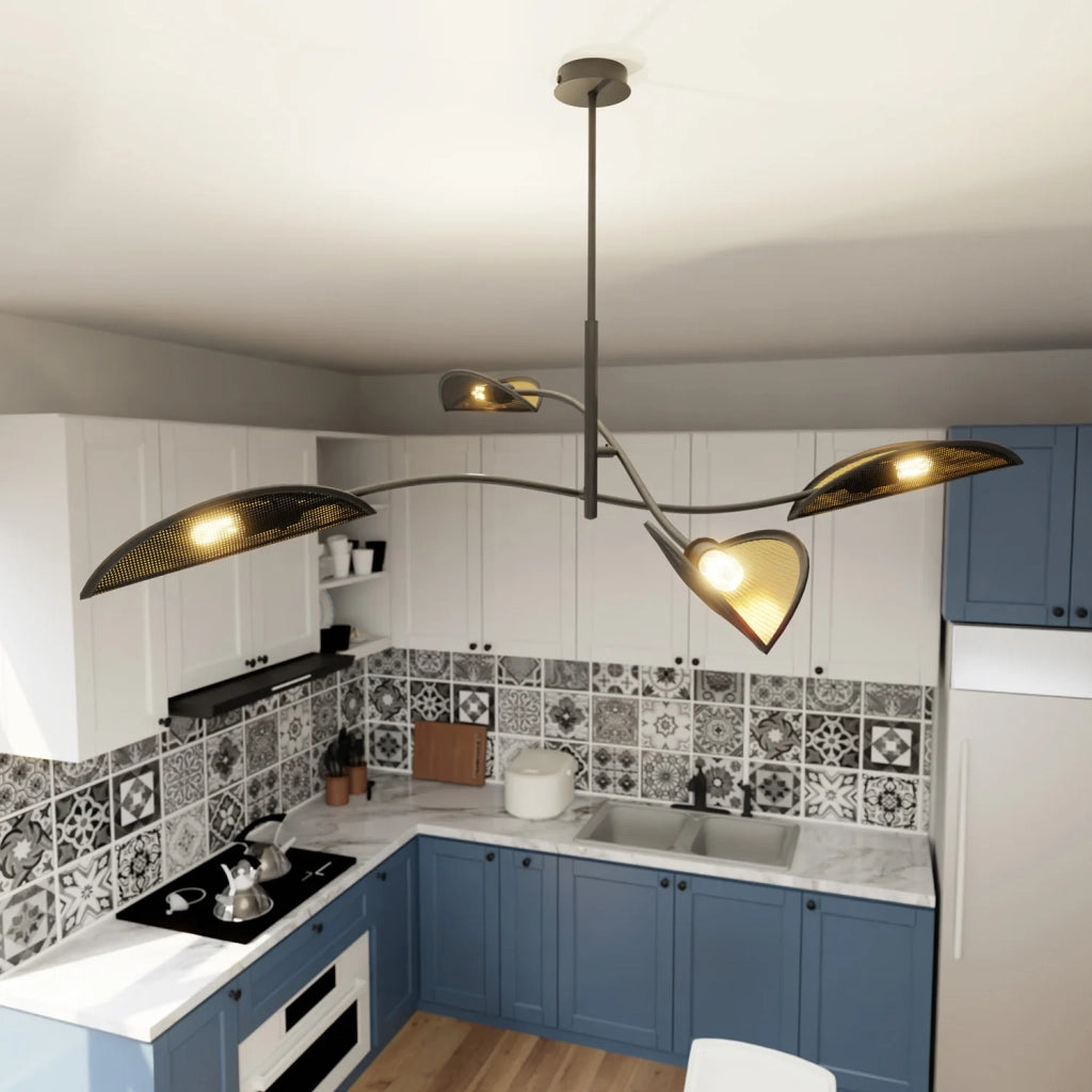 Sospensione Nordica 4 Luci Ares In Acciaio Nero Oro Bracci Regolabili