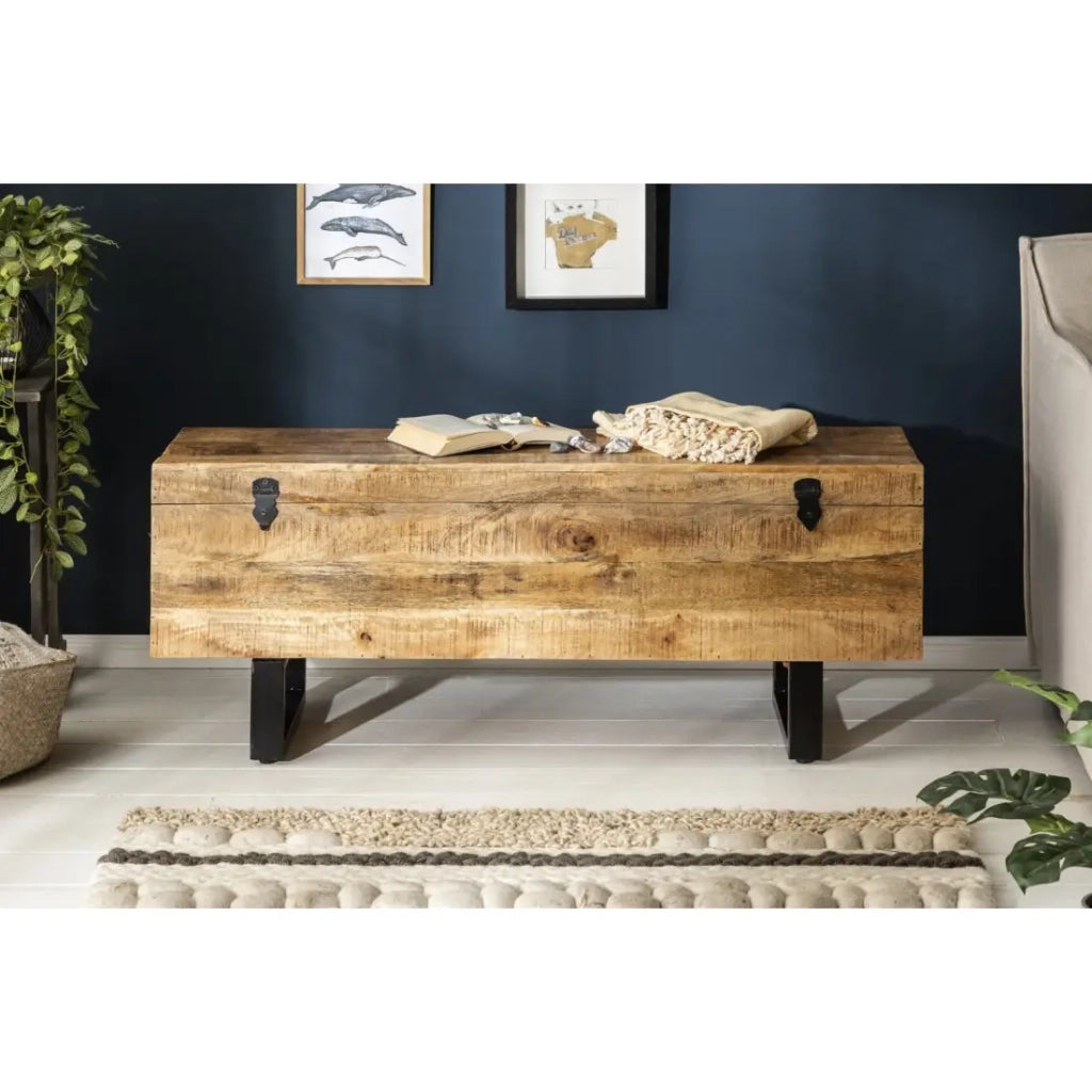 Tavolino basso o panca contenitore MERAX 115 cm in legno massiccio di mango e metallo stile industriale