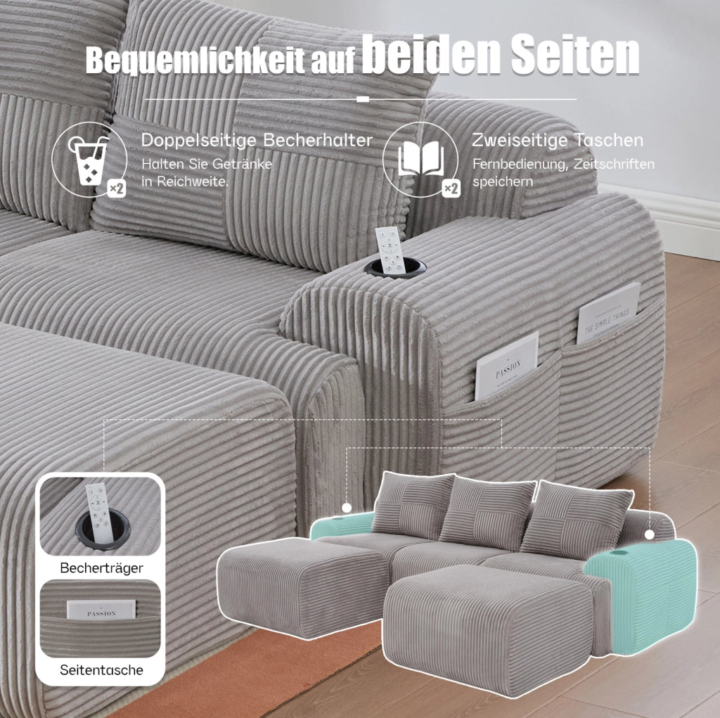 Divano modulare a 3 posti in corduroy grigio chiaro; con portabicchieri e tasca laterale; 268 cm