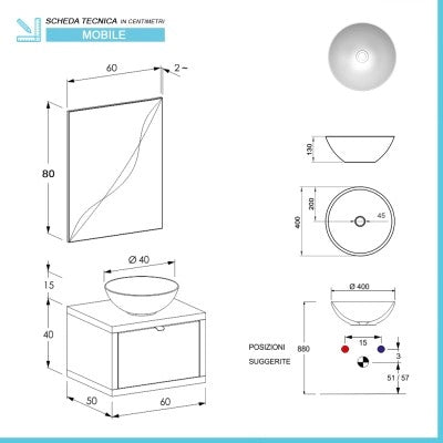 Mobile bagno sospeso 60 cm grigio chiaro con lavabo a bacinella e specchio Master