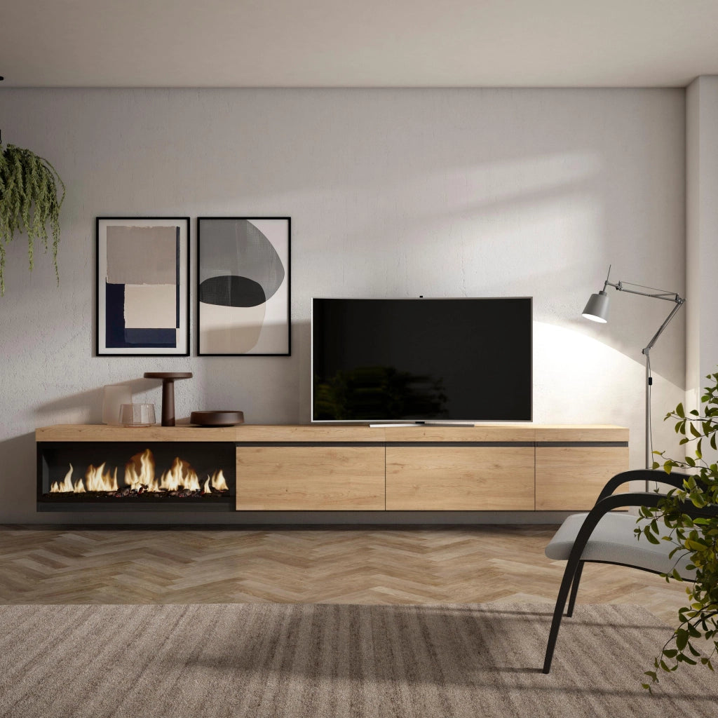Mobile TV Soggiorno, 317x35x45cm, Camino elettrico XXL, da appendere, colore Rovere RF3675