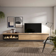Mobile TV Soggiorno, 317x35x45cm, Camino elettrico XXL, da appendere, colore Rovere RF3675