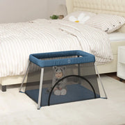 Box per Bambini con Materasso Blu Marino Tessuto di Lino 10304