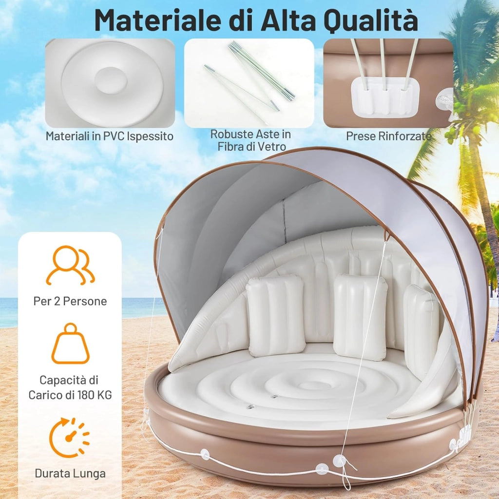 Isola Gonfiabile da Piscina, Lounge Gallegiante con Ombra Retrattile e Rimovibile, Dotato di 3 Cuscini, Materasso Gonfiabile Pieghevole e Portatile per 2 Persone, Portata 180 kg