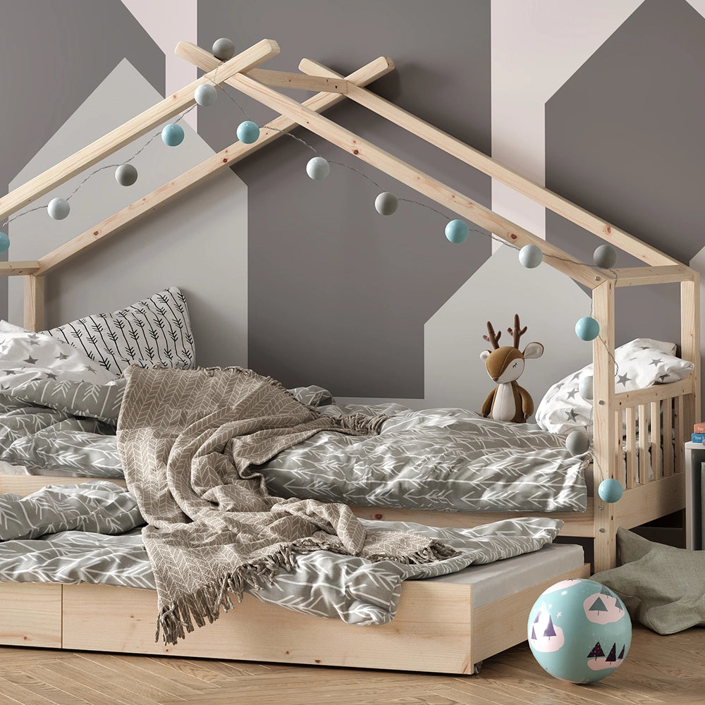 Vitalispa Letto montessori bambini Legno naturale 90x200 cm con letto per ospiti e 2 materassi