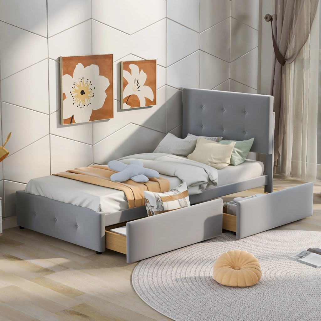 OKWISH Letto con Cassetto 90×200 cm, Letto Singolo con Cassetto, Testiera Regolabile e Rivestimento in Velluto, senza Materasso, Grigio