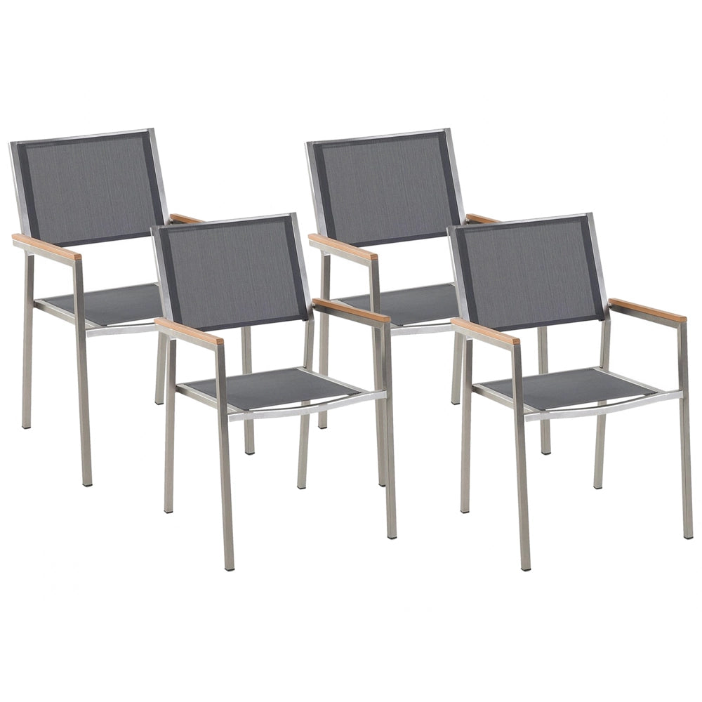 Set di 4 Sedie da Pranzo da Giardino Seduta in Tessuto Grigio e Argento Gambe in Acciaio Inox Impilabili da Esterno