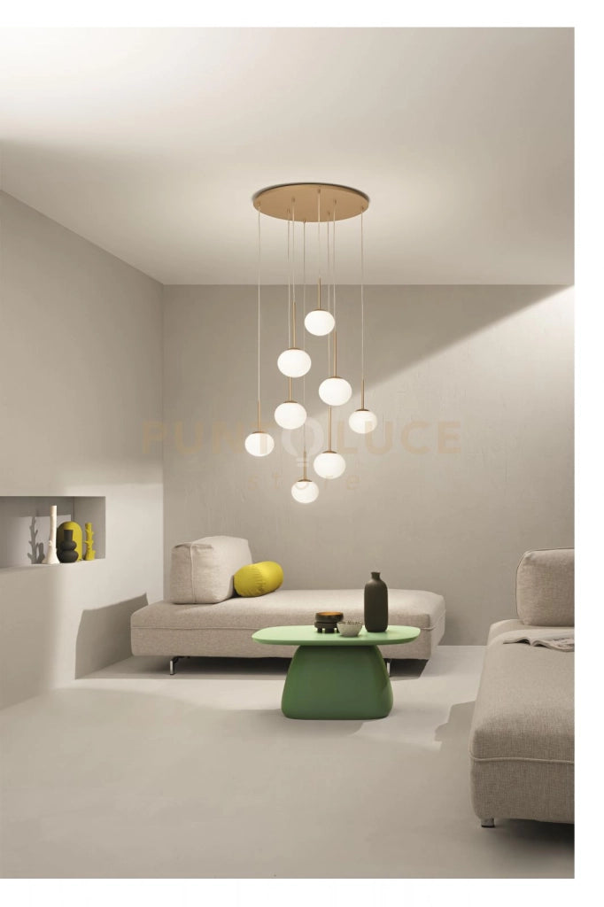 SOSPENSIONE JEWEL 8 LUCI ORO VETRO BIANCO SATINATO ATTACCO E14 VETRO D.15-17CM