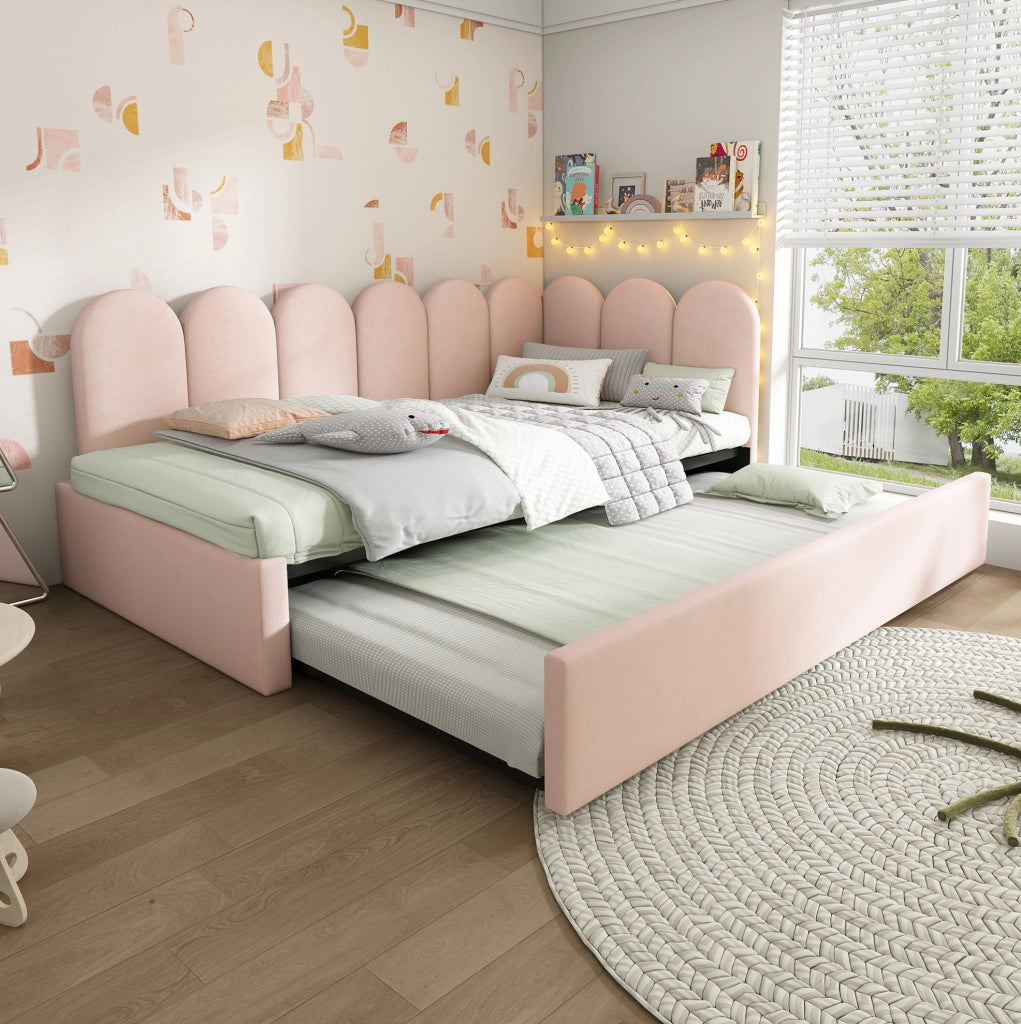 Letto daybed imbottito con letto estraibile 90x200/90x190 cm in velluto rosa