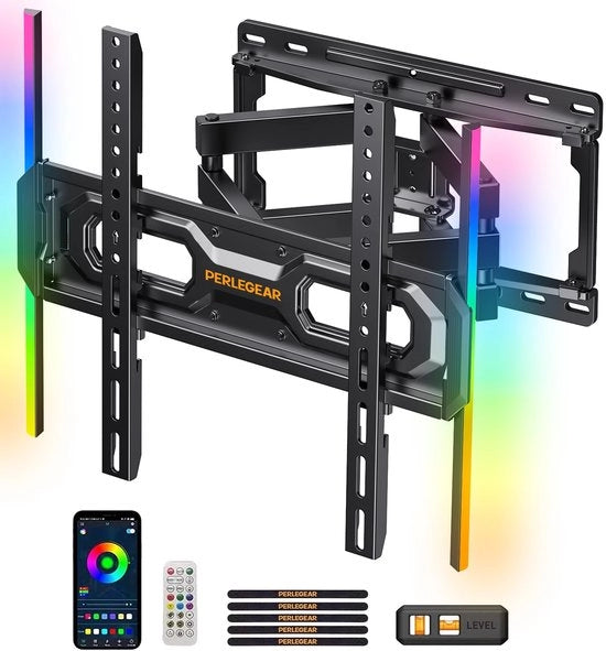 Sostegno per TV per schermi da 26 a 65 pollici, peso massimo 45 kg, illuminazione di sfondo LED con sincronizzazione musicale, massimo VESA 400x400 mm con funzioni di rotazione, estensione e inclinazione PGMF20